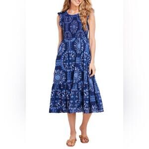 Vineyard Vines Scarf Print Blue Smocked Midi Dress Deep Bay Small